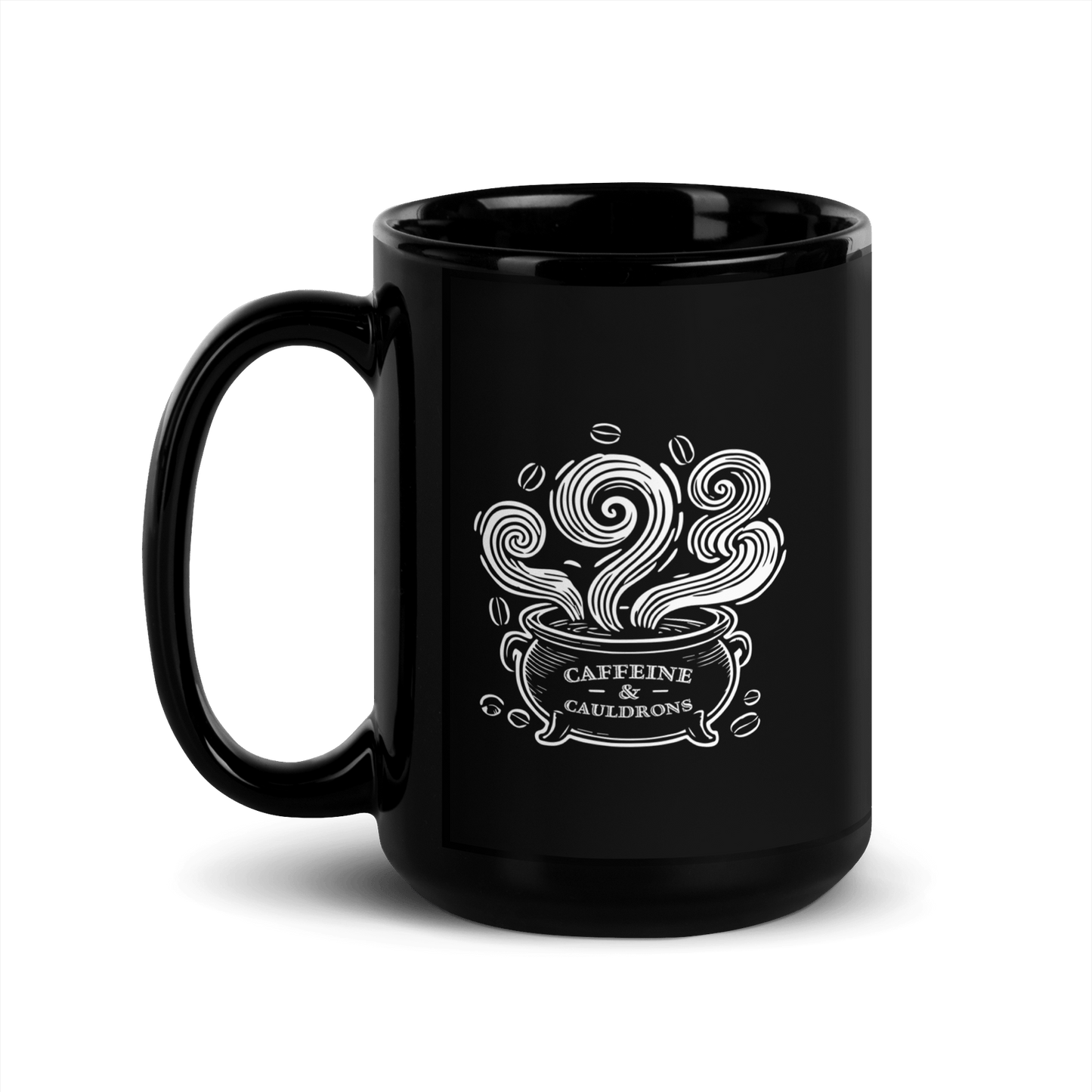 Caffeine & Cauldrons Black Glossy Mug